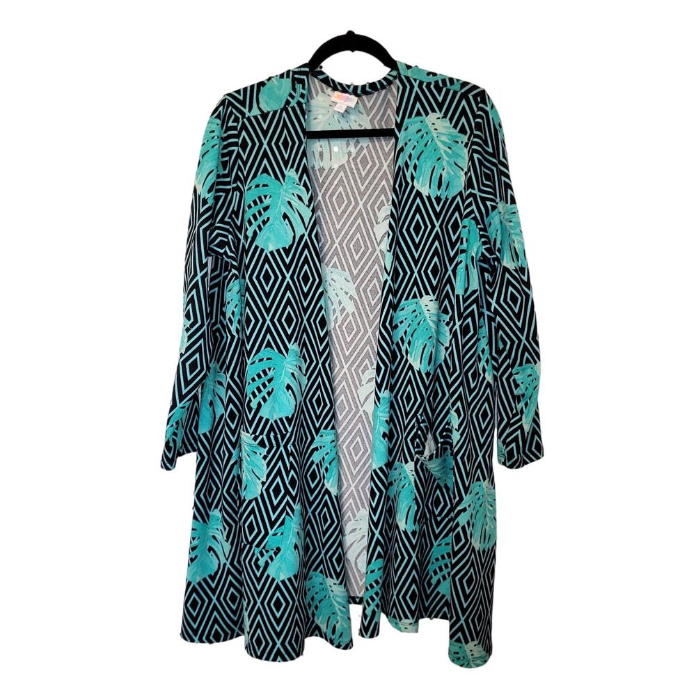 Lularoe Caroline Cardigan Duster XL Black Green Leaves Flowy Cozy Cottage Cabin